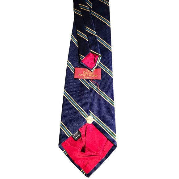 Vintage Repp Necktie Kings Road Sears Mens Navy Green & Yellow Silk - Picture 4 of 9